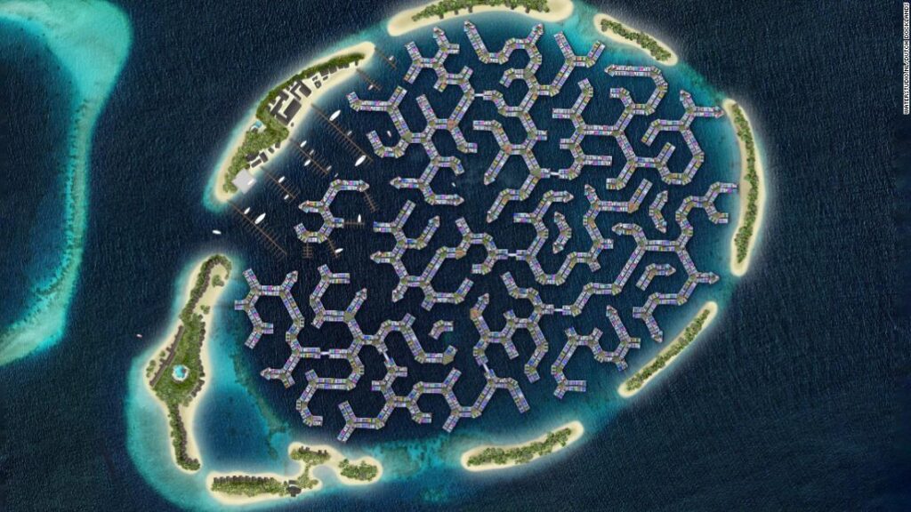 A floating metropolis within the Maldives begins to take form